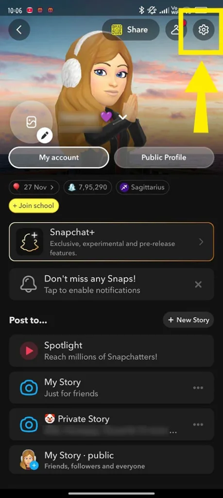 Accessing Snapchat settings by tapping the gear icon on the user profile page