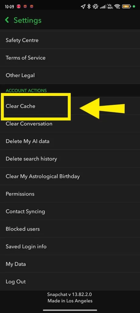 How to find the Clear Cache option in Snapchat settings to reset story viewer order