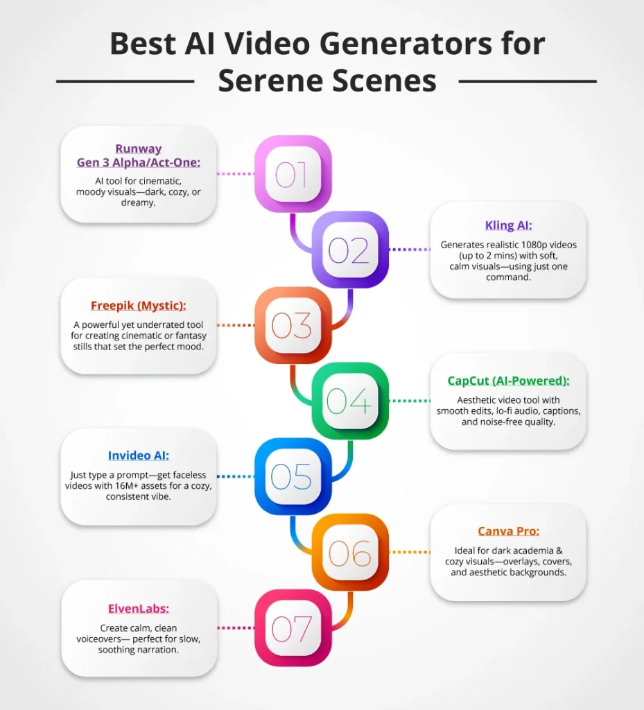 Infographic showing the top 7 AI video generators for creating serene, faceless social media reels including Runway, Kling AI, and ElvenLabs.