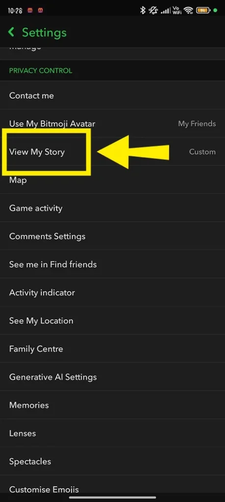 Selecting the View My Story option in Snapchat settings for audience privacy