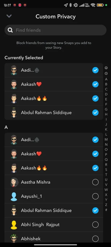 Blocking specific friends on Snapchat using the Custom story privacy list
