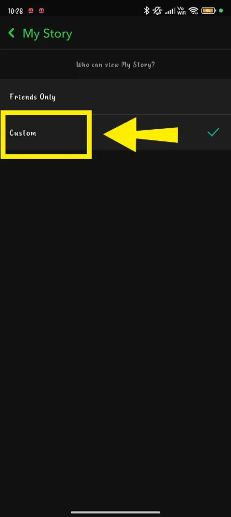 Setting Snapchat story privacy to Custom to block specific users from viewing content