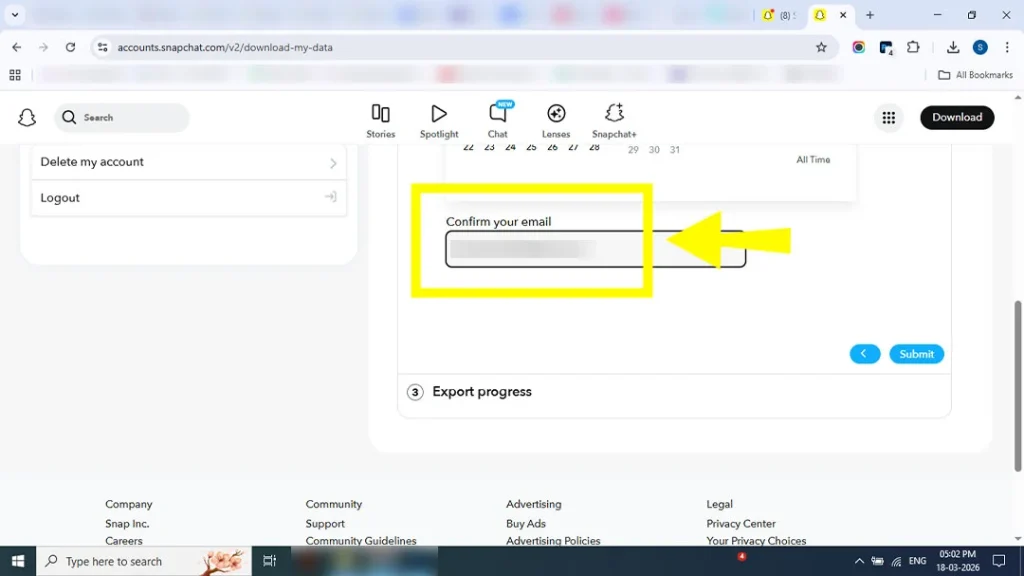 Entering and confirming email address for Snapchat data export alert.