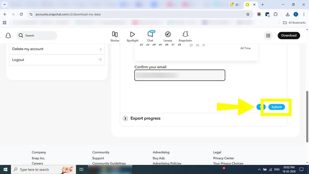 Clicking the Submit button to start the Snapchat memories backup process.