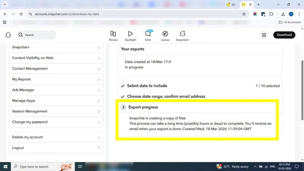 Accessing the Recent Exports tab to download Snapchat memories ZIP file.