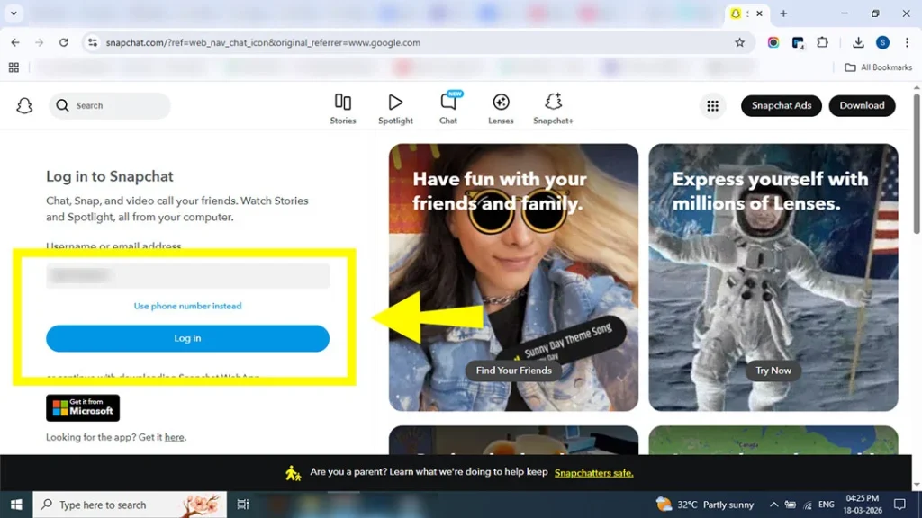 Signing into Snapchat account portal to bypass the 5GB storage limit.