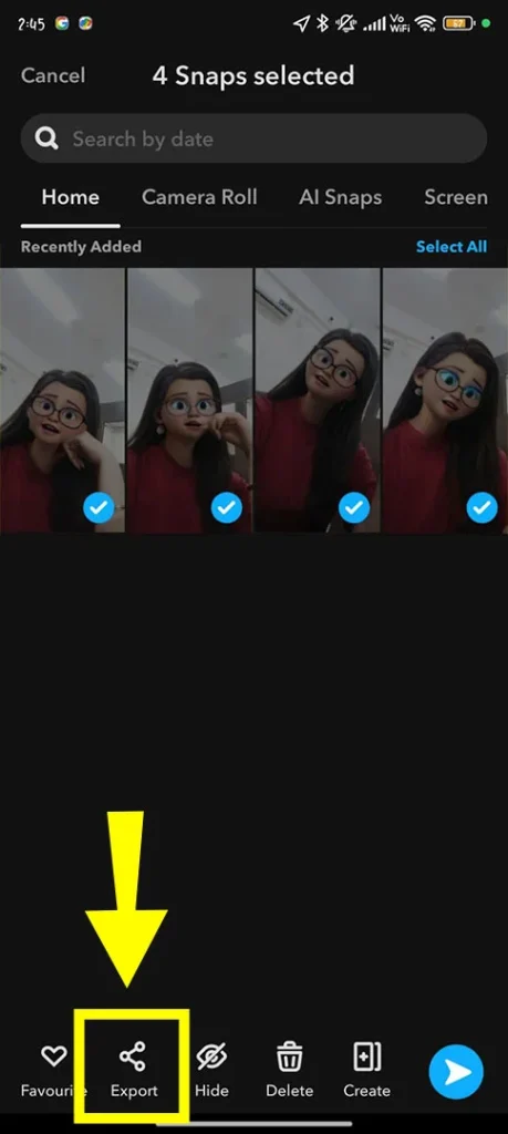 Navigating to the 'Export' menu in Snapchat to prepare the selected memories for a high-quality download to the device gallery.