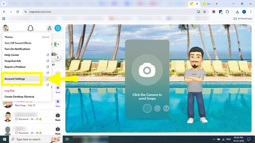 Navigating to the Account Settings menu to manage Snapchat data.