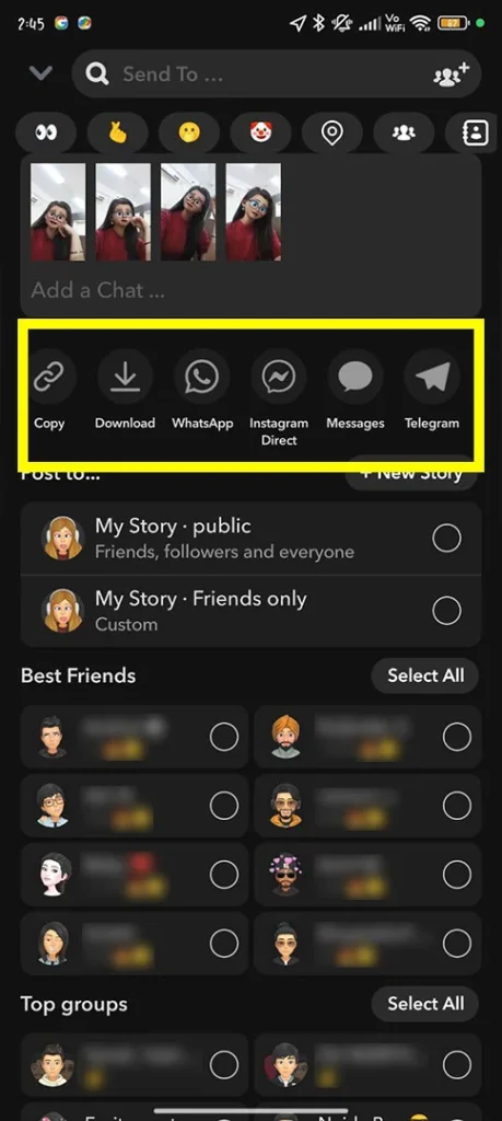 Selecting the 'Download' or 'Camera Roll' option from the Snapchat sharing menu to save files locally for Google Photos syncing.