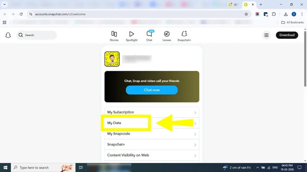 Selecting the My Data option to export Snapchat memories for free.