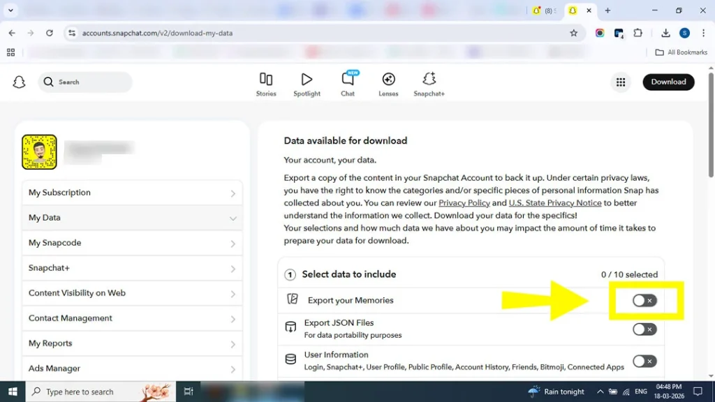 Enabling the Export Your Memories option in the Snapchat data menu.