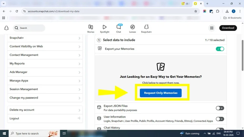 Clicking Request Only Memories to filter Snapchat data for export.