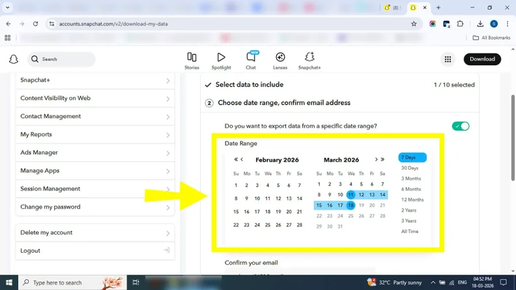 Choosing a specific date range for bulk exporting Snapchat memories.