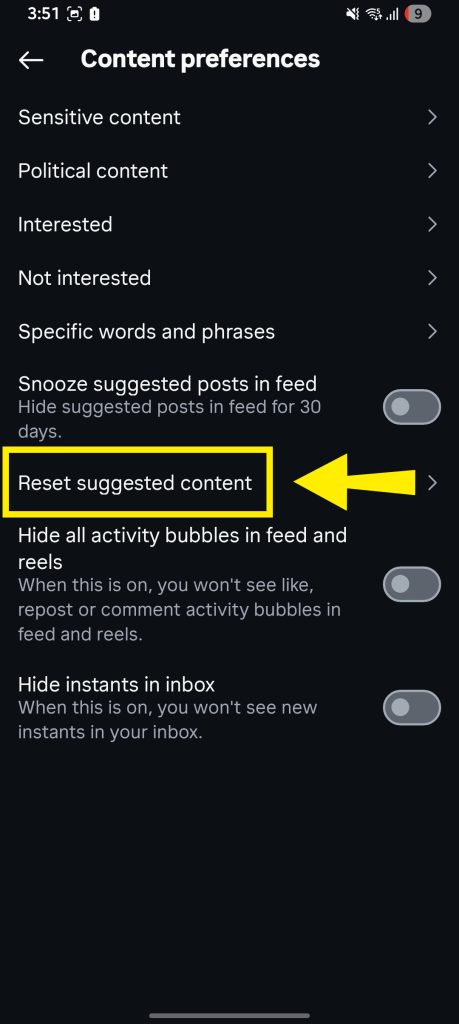 Step 3 to fix Instagram feed showing old posts: Locating the Reset suggested content button inside preferences