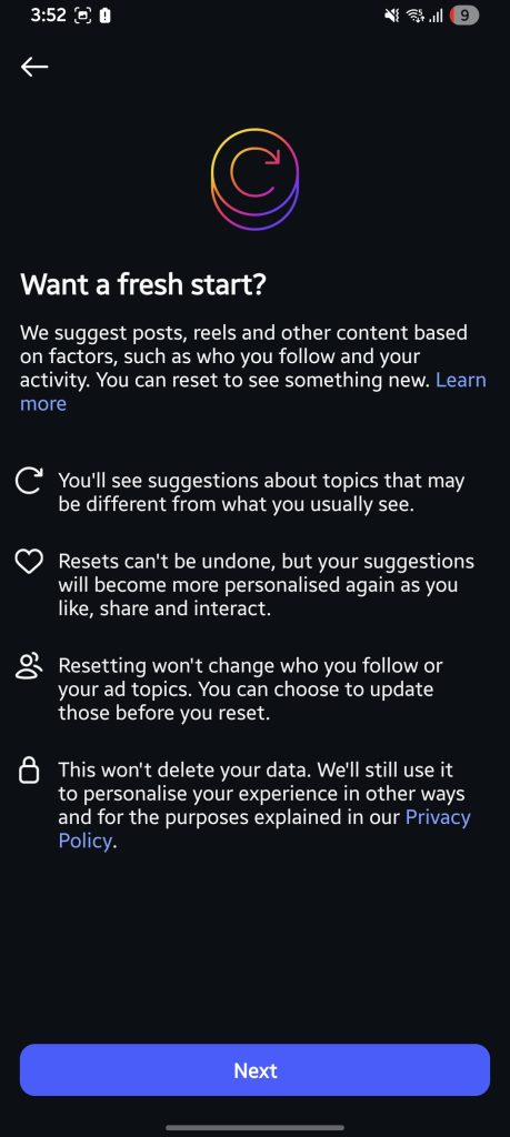 Step 4 to reset Instagram suggestion algorithm: Reviewing the algorithm reset details page on content preferences
