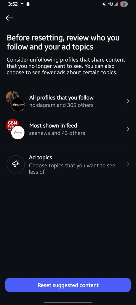 Step 5 to reset Instagram suggestion algorithm: Confirming and completing the suggested content reset process