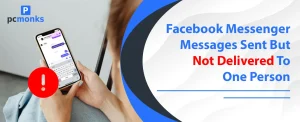 A Facebook Messenger chat screen showing a message stuck on sent with a hollow blue circle checkmark, illustrating delivery issues.