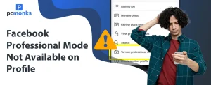 Step-by-step guide showing how to fix Facebook Professional Mode not available on profile by adjusting privacy settings.