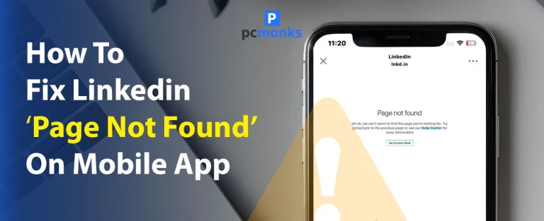 Person holding a smartphone displaying a LinkedIn Page Not Found error screen with troubleshooting steps in the background.