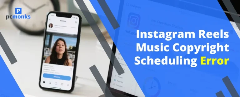 Graphic showing a smartphone screen with an Instagram Reels copyright error and a fix using Meta Business Suite.