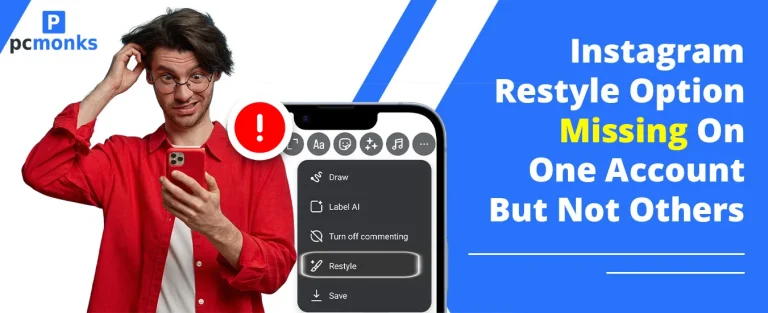A person confused while looking at a smartphone showing the missing Instagram Restyle paintbrush icon, illustrating a troubleshooting guide.