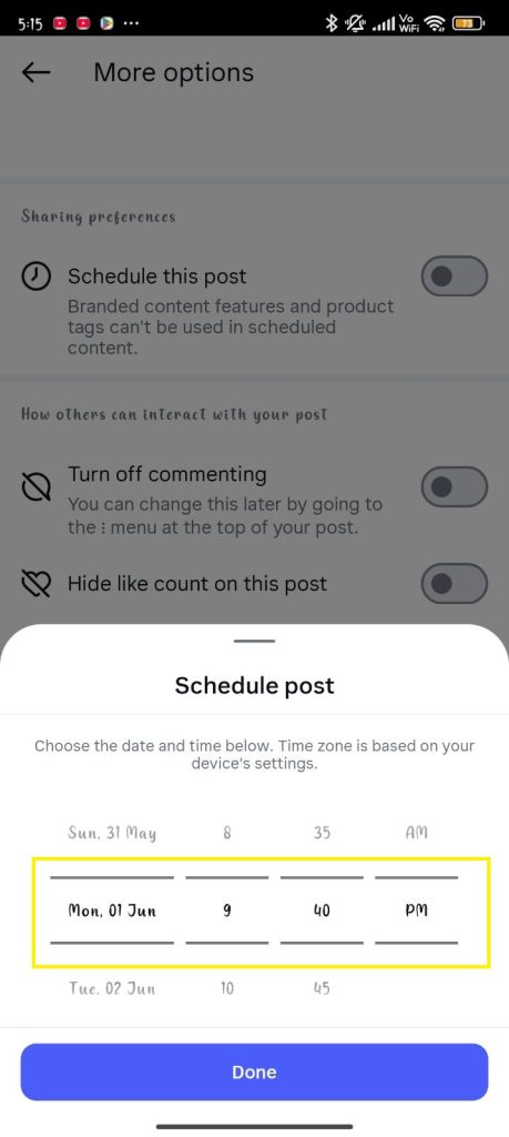The time and date picker overlay screen on Instagram used to set the future publication schedule for a post.