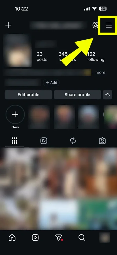 Instagram profile screen highlighting the three horizontal lines hamburger menu icon to access settings.