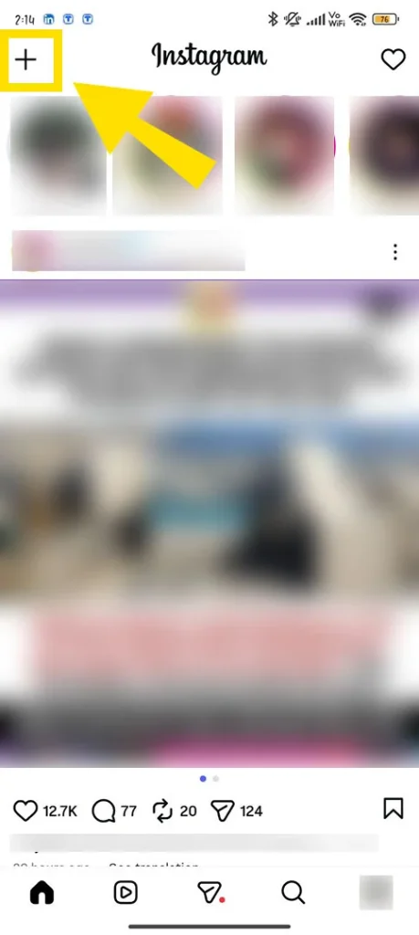 Screenshot of the Instagram app home feed with an arrow pointing to the plus sign create icon.