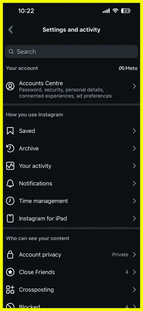 Selecting the Settings and Activity option from the Instagram sidebar menu.