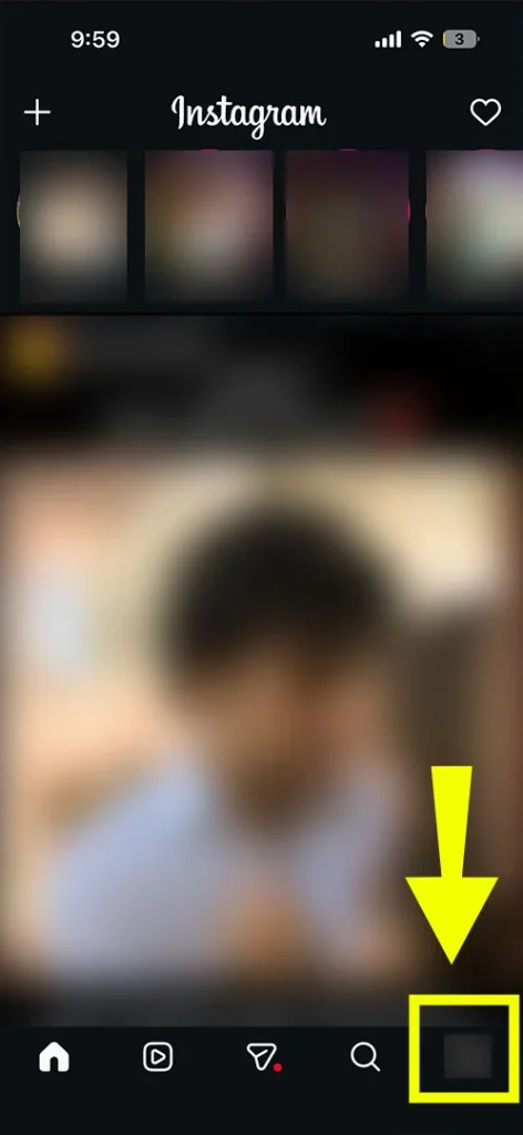 Instagram home feed showing the user clicking the profile picture icon in the bottom right corner.