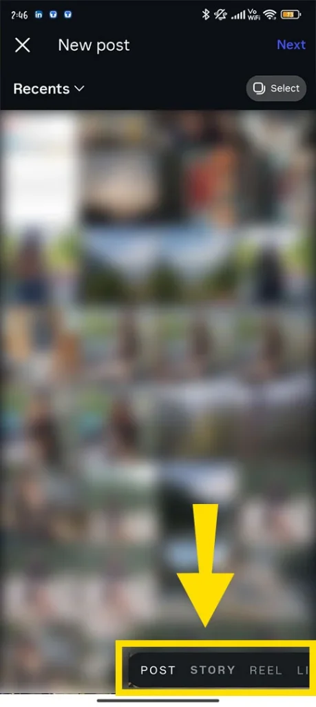 Close-up of the Instagram camera interface showing the format selector toggled between Post and Reel.