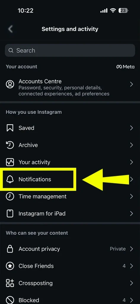 Instagram settings screen showing the Notifications tab to manage app alerts.