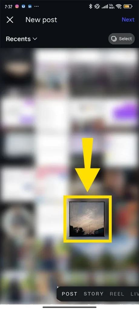 Instagram media picker screen showing a selected photo from the smartphone gallery with a checkmark.