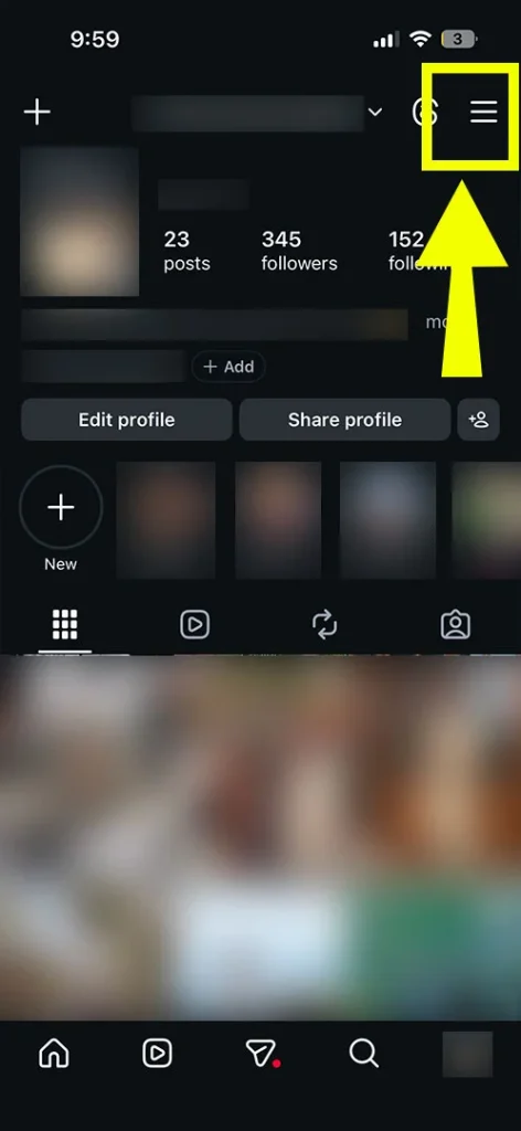 User profile page with an arrow pointing to the three-line hamburger menu at the top right to access Instagram settings.