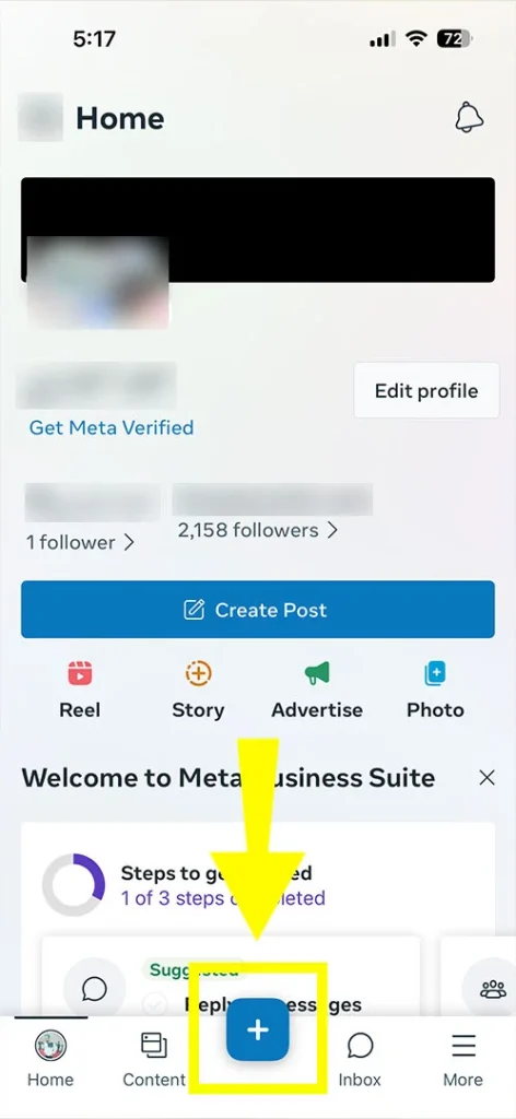 Interface of Meta Business Suite mobile app highlighting the plus sign Create button at the center of the screen.