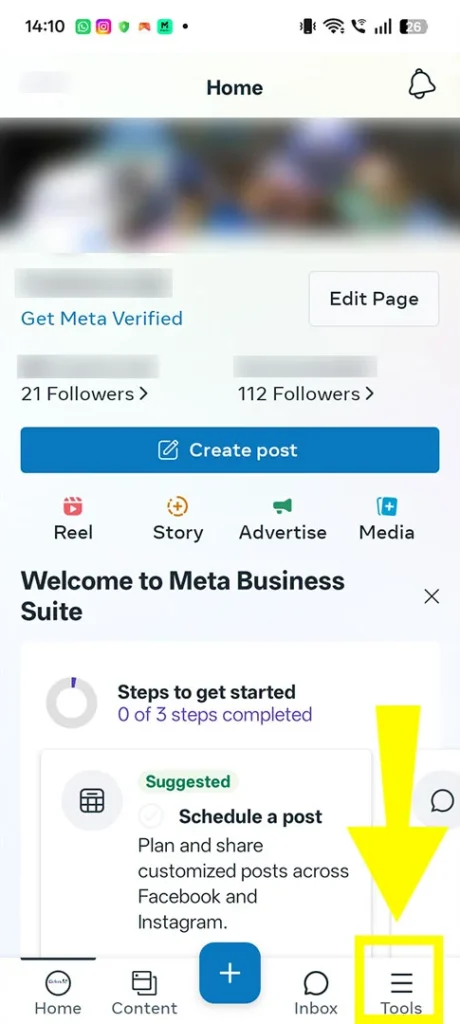 Interface of Meta Business Suite dashboard highlighting the three horizontal lines menu icon on the side panel.