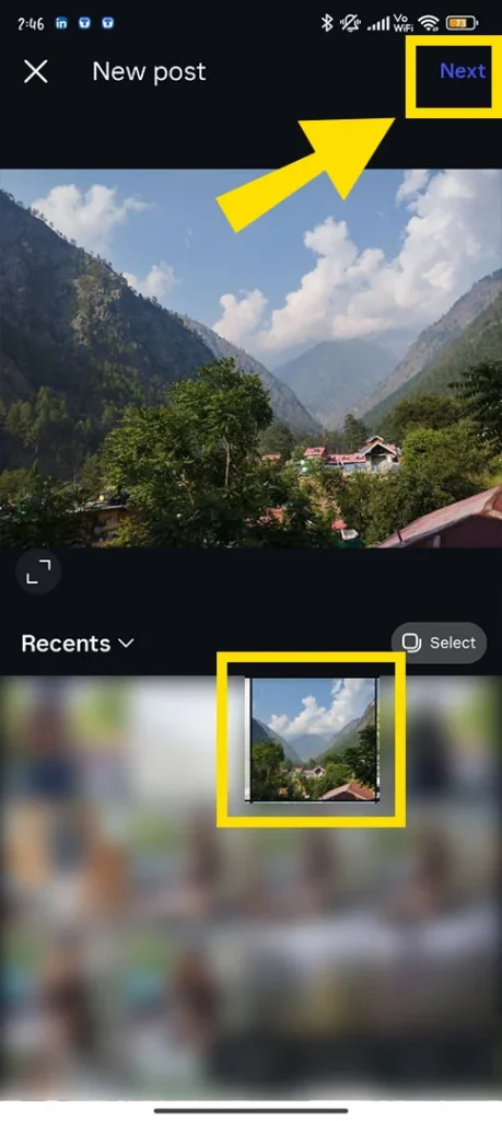 Smartphone media gallery view within Instagram with a selected video highlighted and the Next button visible.