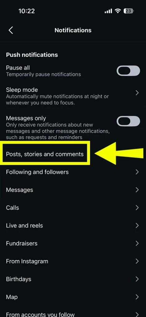 Instagram Notifications menu highlighting the Posts Stories and Comments section.