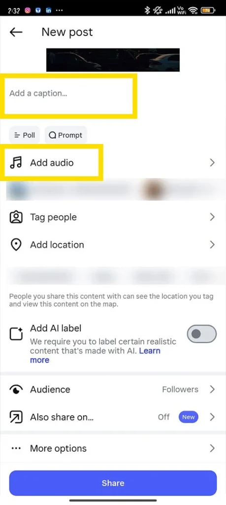 The Instagram final post optimization screen featuring fields for entering a caption and selecting background music.