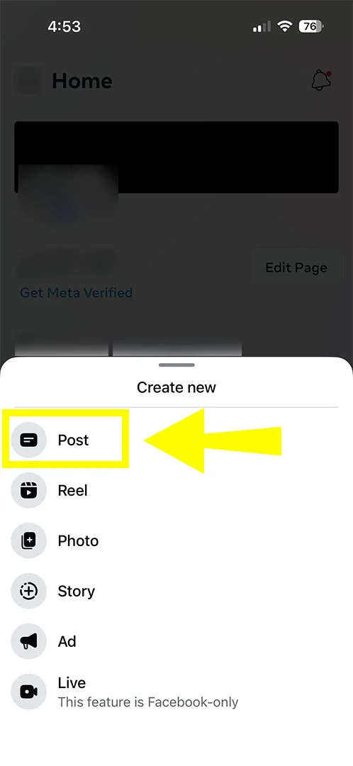 Close-up of the mobile creation menu showing options to create a story, post, live stream, or ad in Meta Business Suite.