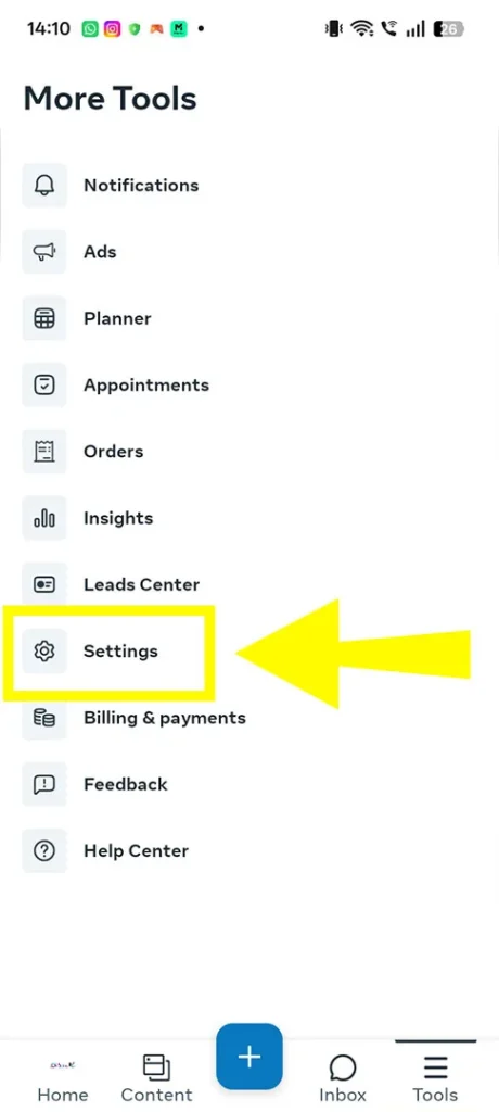 Close-up of the expanded Meta Business Suite menu showing the cursor clicking on the gear-shaped Settings option.