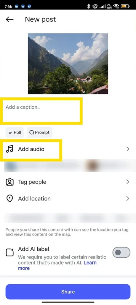 The Instagram content optimization screen showing fields to write a caption and a menu to add trending music.