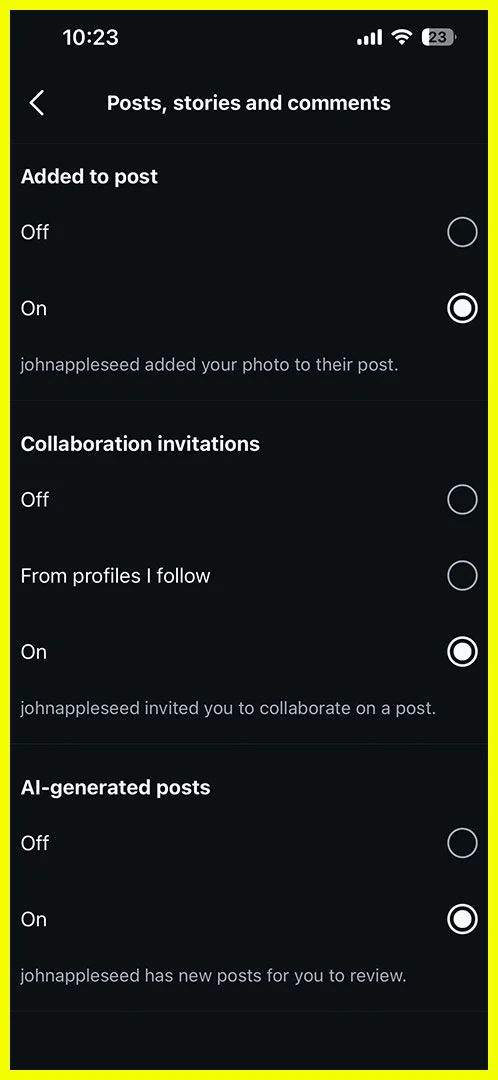 Scrolling to the Collaboration Invites section within Instagram's advanced notification settings.