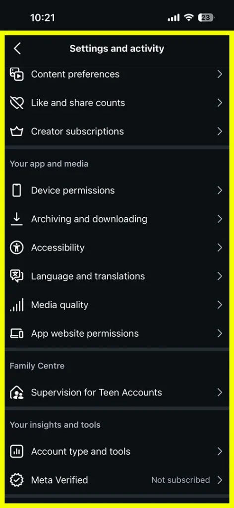 Scrolling through the Instagram settings menu to find media quality options for faster video uploads.