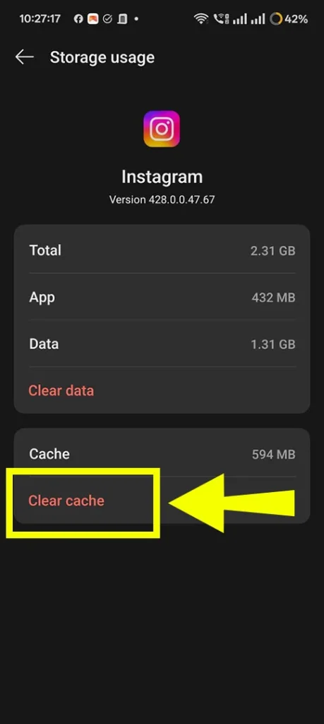 Clicking the Clear Cache button on an Android device to remove temporary files and fix Instagram Reel upload lag.
