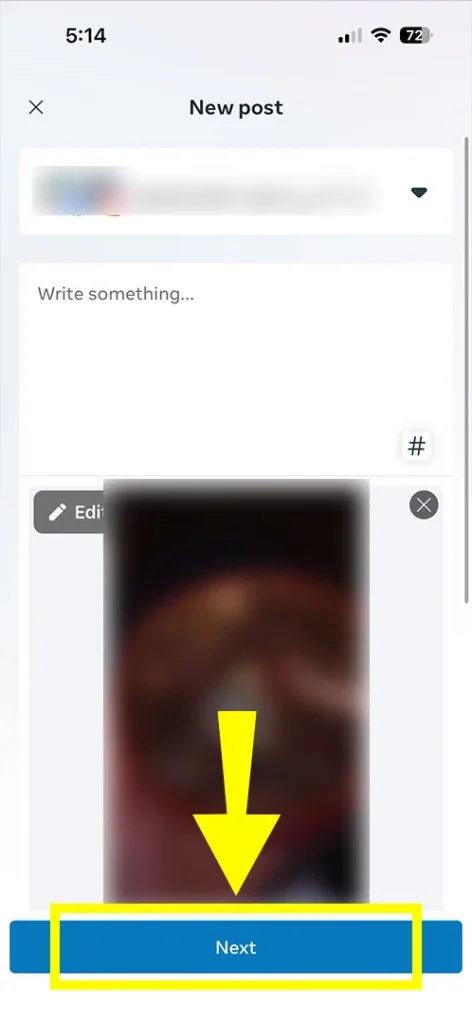 : Mobile screen showing the content preview page with the Next button highlighted in the top right corner.