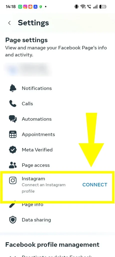 Page Settings screen inside Meta Business Suite highlighting the blue Connect button next to the Instagram logo.