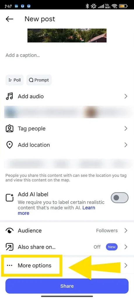 Scroll down view of the Instagram post sharing menu highlighting the Advanced Settings option at the bottom.