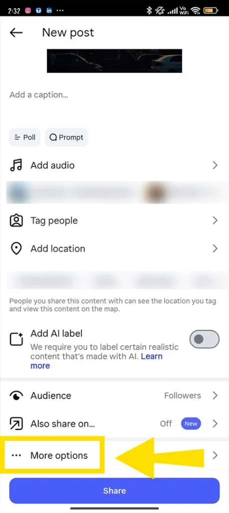 The Instagram final post optimization screen featuring fields for entering a caption and selecting background music.