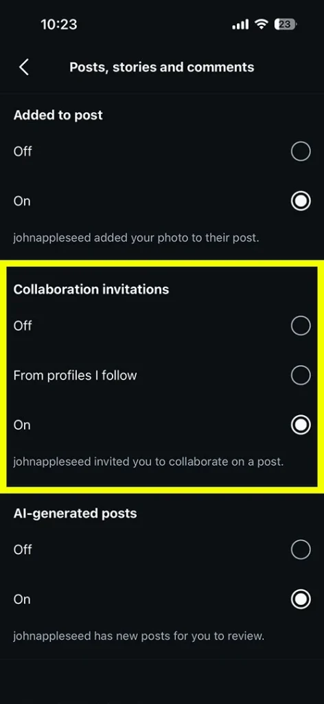Screenshot showing the Collaboration Invites setting switched to On to allow tagging and invites.
